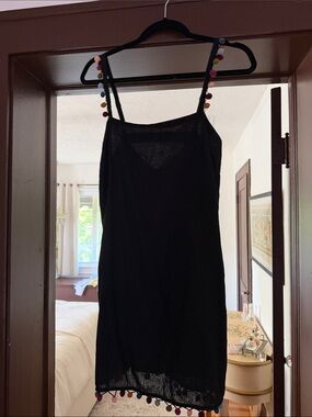 Celandine / anthropology Black Slip Dress with Multicolor Pom-Pom Trim